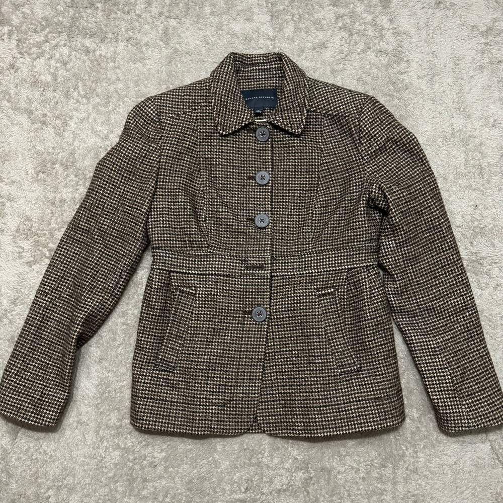 Banana Republic Blazer Womens 6 Brown Houndstooth Linen Wool Button Up Lined